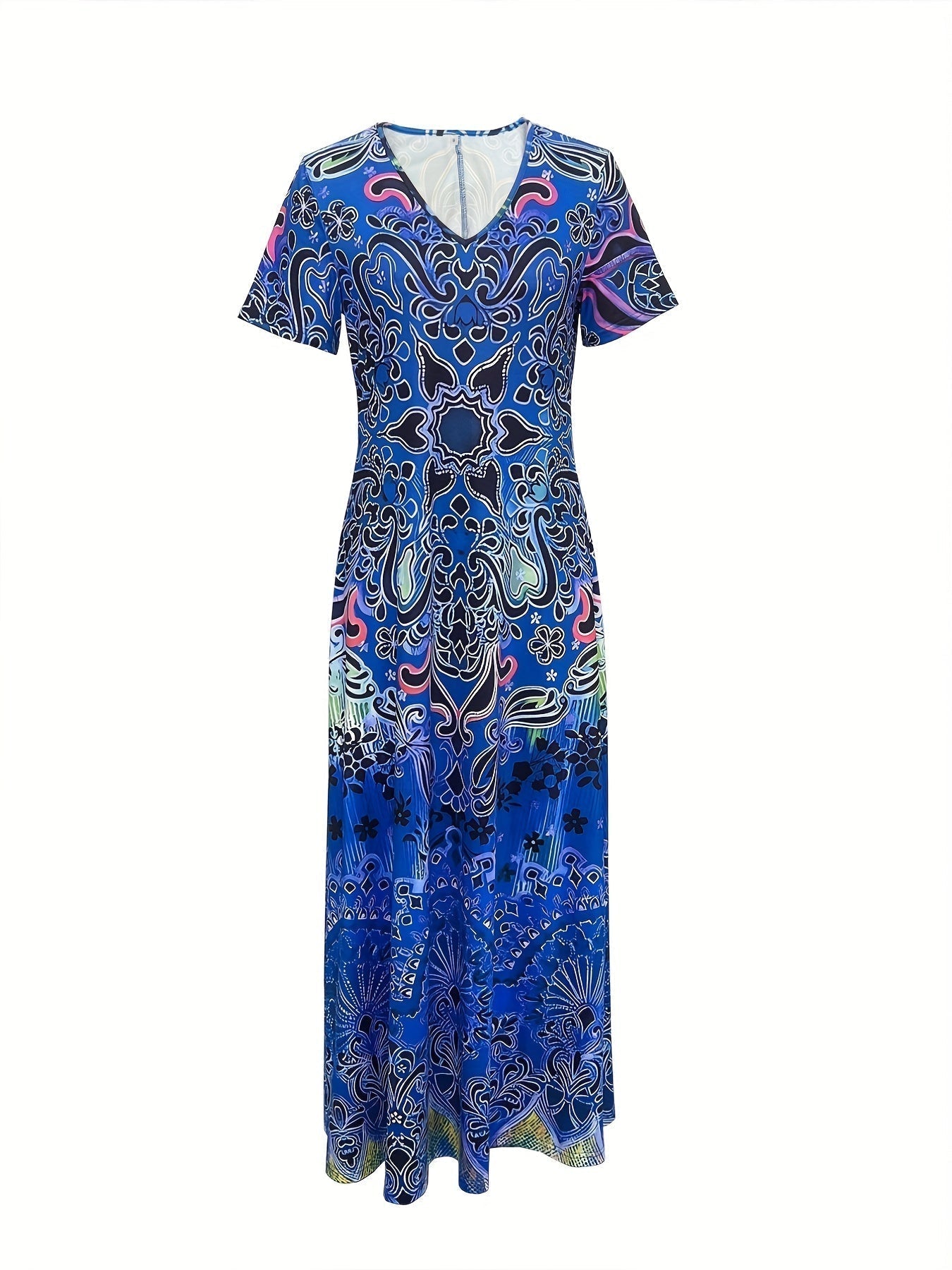 LaraGrace Bohemian Ethnic Maxi Dress for Women – V-Neck with Short Sleeves