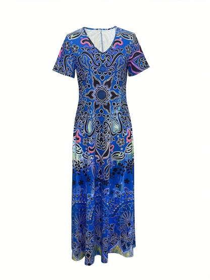 LaraGrace Bohemian Ethnic Maxi Dress for Women – V-Neck with Short Sleeves