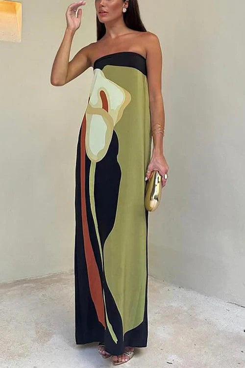EcoChic Avocado Print Strapless Maxi Dress – Perfect Off-Shoulder Summer Attire for Women