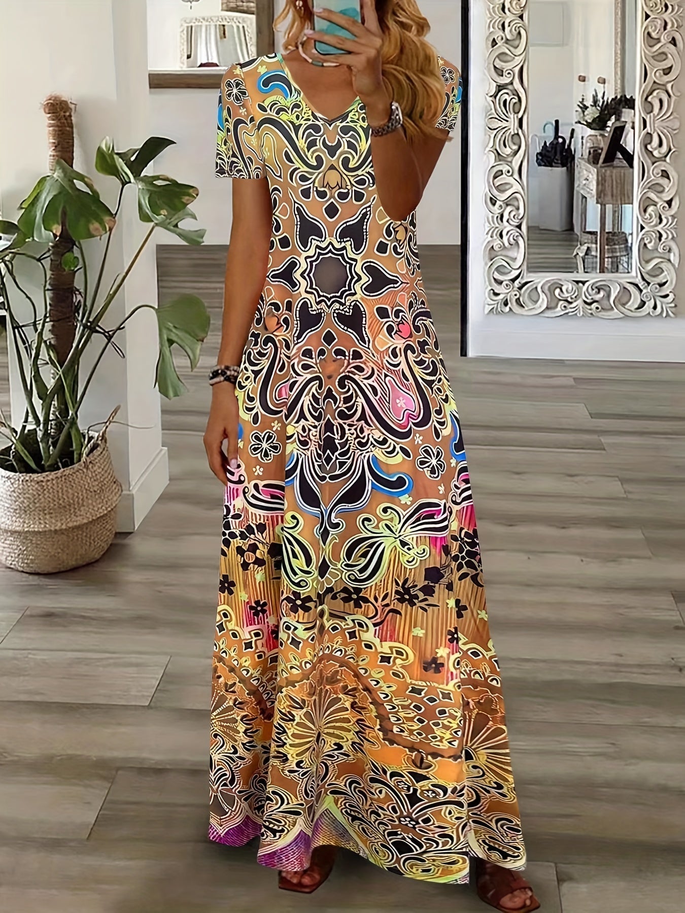 LaraGrace Bohemian Ethnic Maxi Dress for Women – V-Neck with Short Sleeves