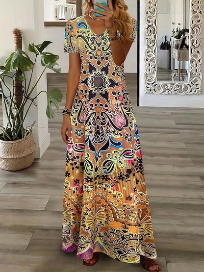 LaraGrace Bohemian Ethnic Maxi Dress for Women – V-Neck with Short Sleeves
