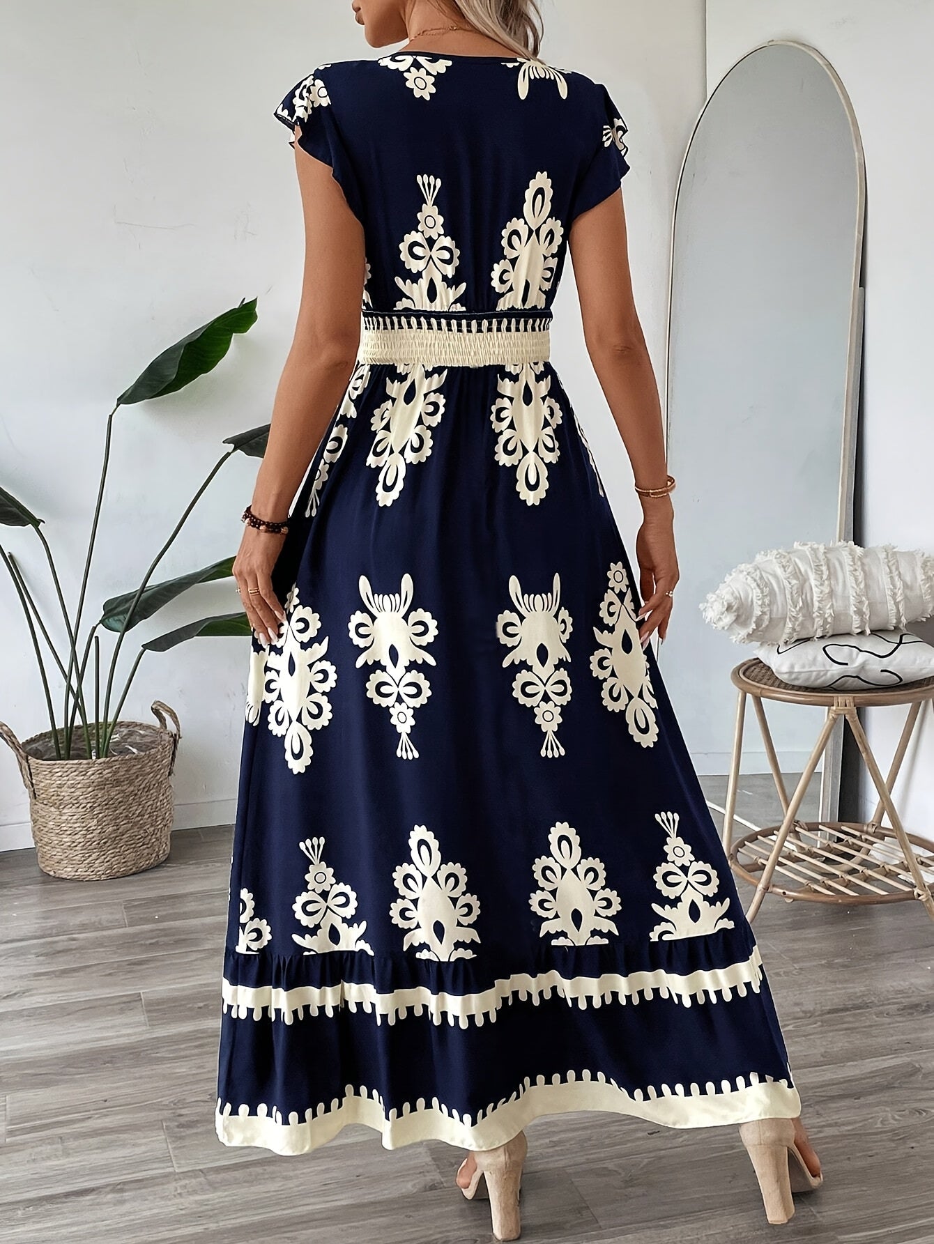 AriaChic Ethnic Print V-Neck Maxi Dress with Cap Sleeves for Women