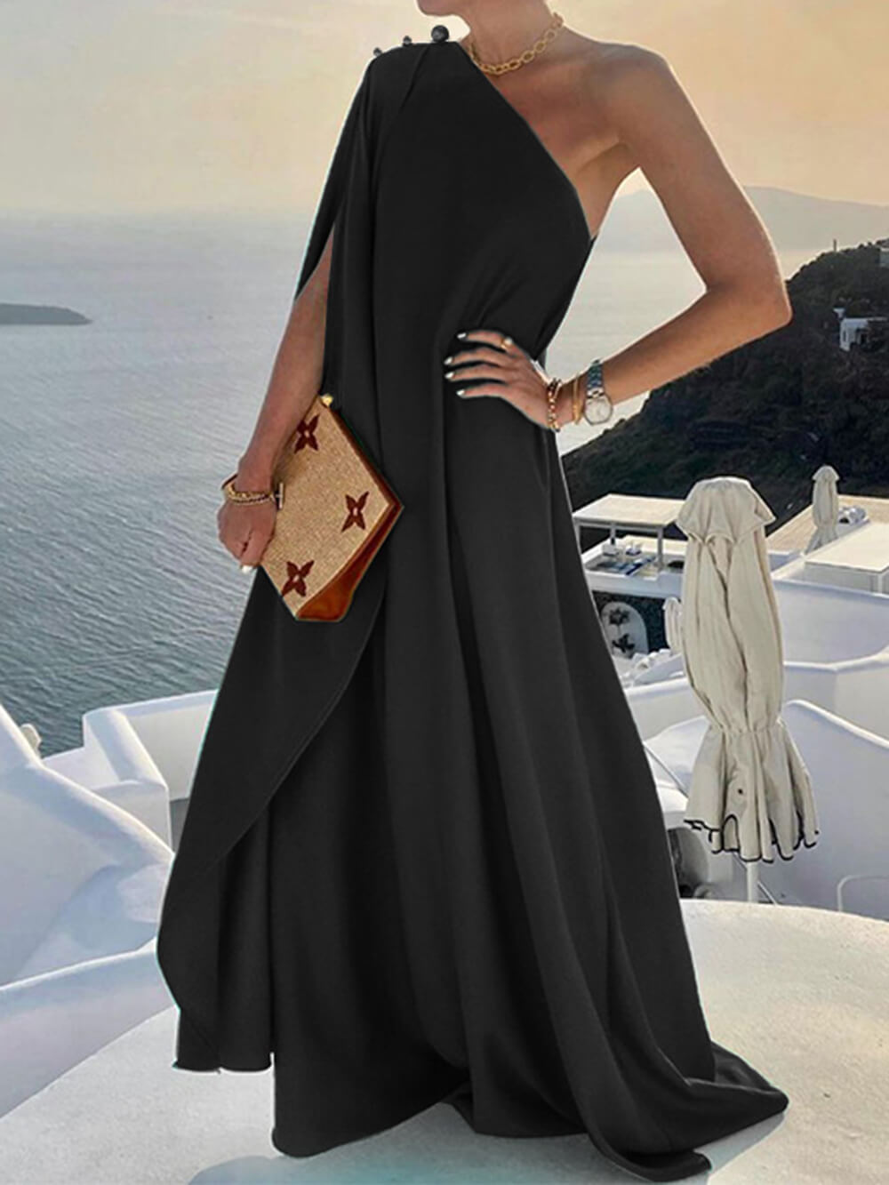 EleganceUnveiled Women's Draped One-Shoulder Maxi Dress