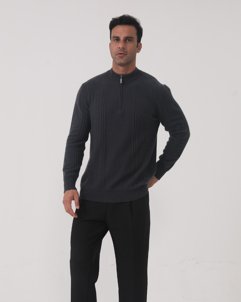 Ribbed 100% Cashmere Sweater with Half-Zip