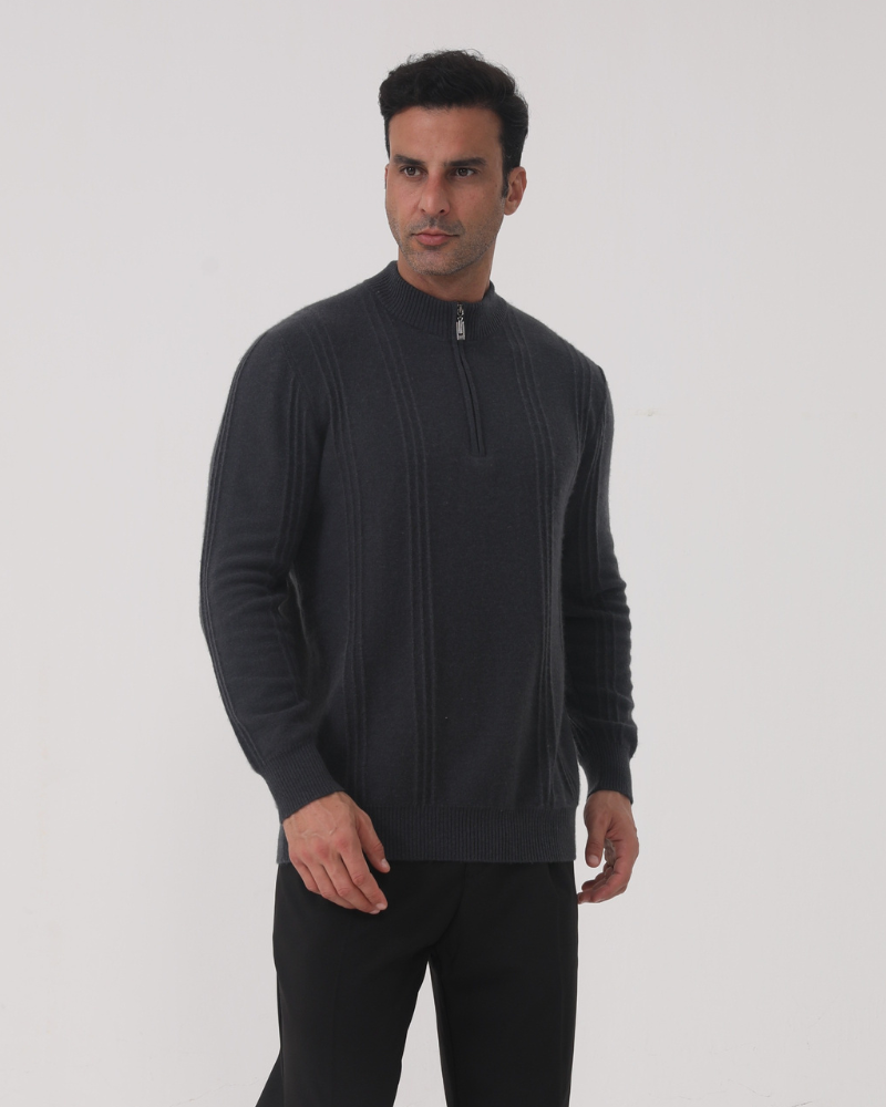 Ribbed 100% Cashmere Sweater with Half-Zip