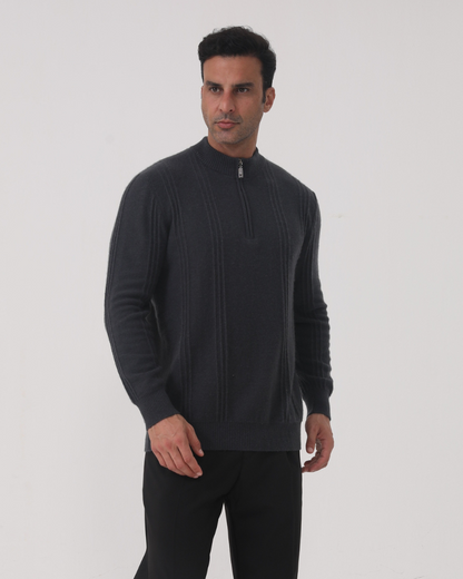 Ribbed 100% Cashmere Sweater with Half-Zip