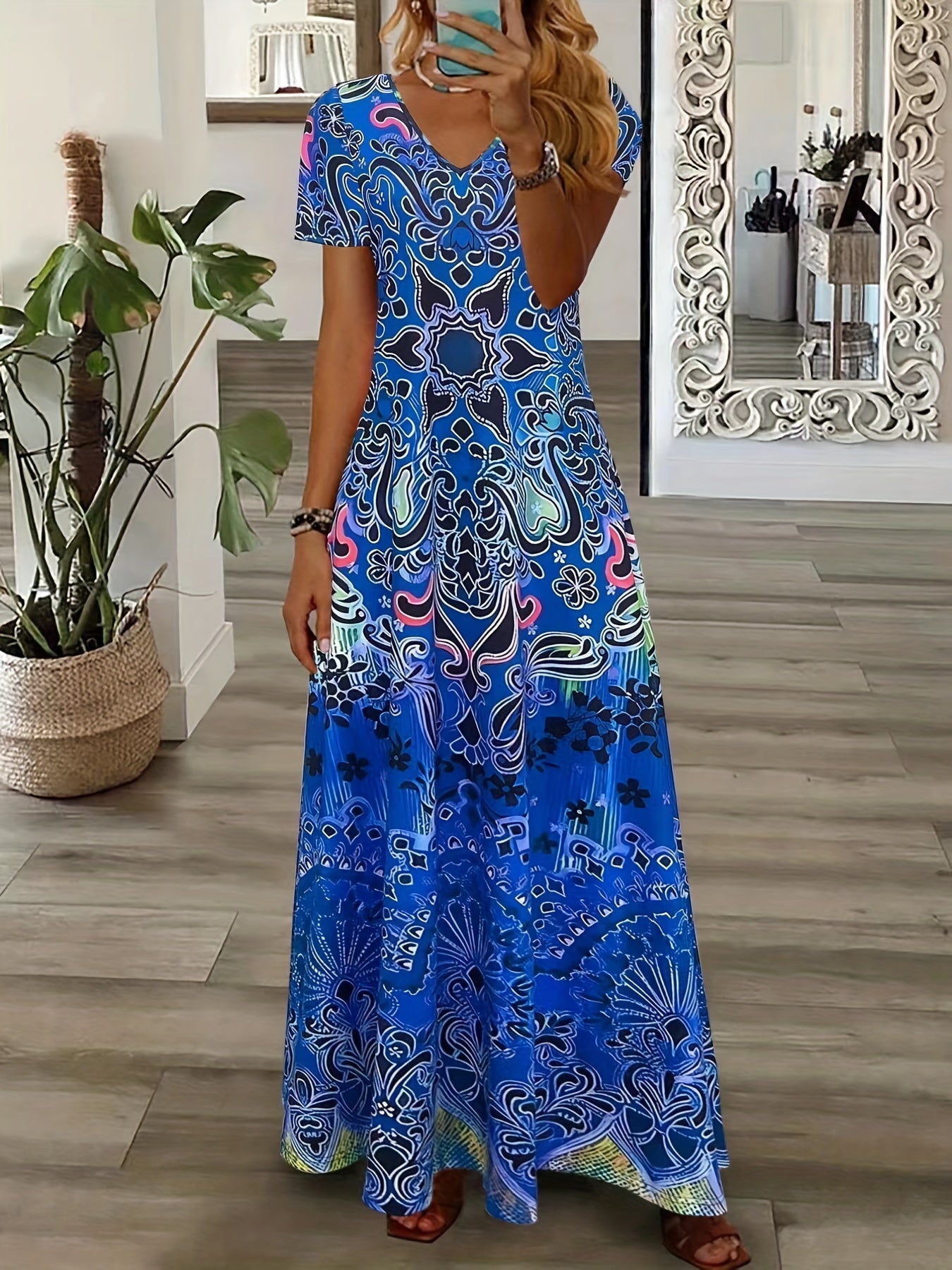 LaraGrace Bohemian Ethnic Maxi Dress for Women – V-Neck with Short Sleeves