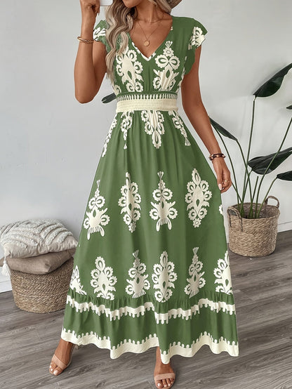 AriaChic Ethnic Print V-Neck Maxi Dress with Cap Sleeves for Women