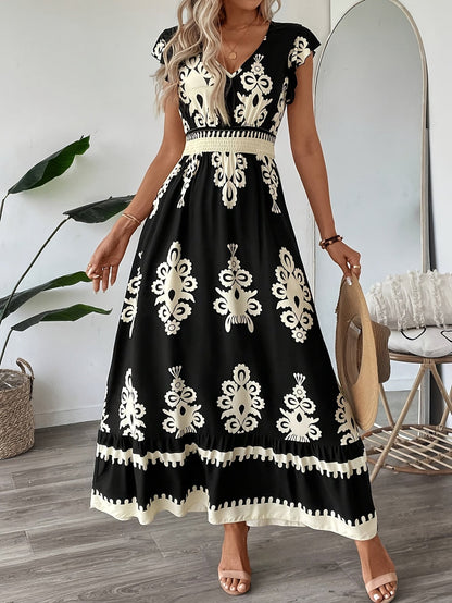 AriaChic Ethnic Print V-Neck Maxi Dress with Cap Sleeves for Women