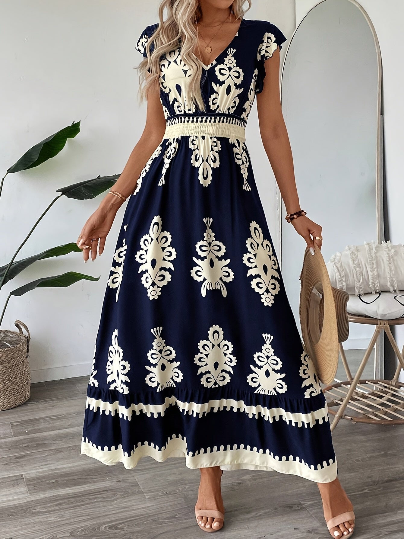 AriaChic Ethnic Print V-Neck Maxi Dress with Cap Sleeves for Women