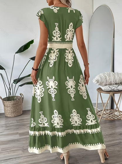 AriaChic Ethnic Print V-Neck Maxi Dress with Cap Sleeves for Women