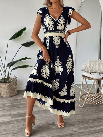 AriaChic Ethnic Print V-Neck Maxi Dress with Cap Sleeves for Women