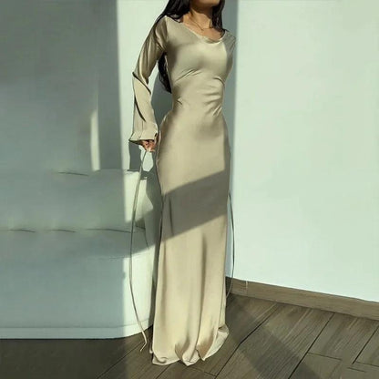 RegalCharm Satin Maxi Dress with Elegant Long Sleeves for Women