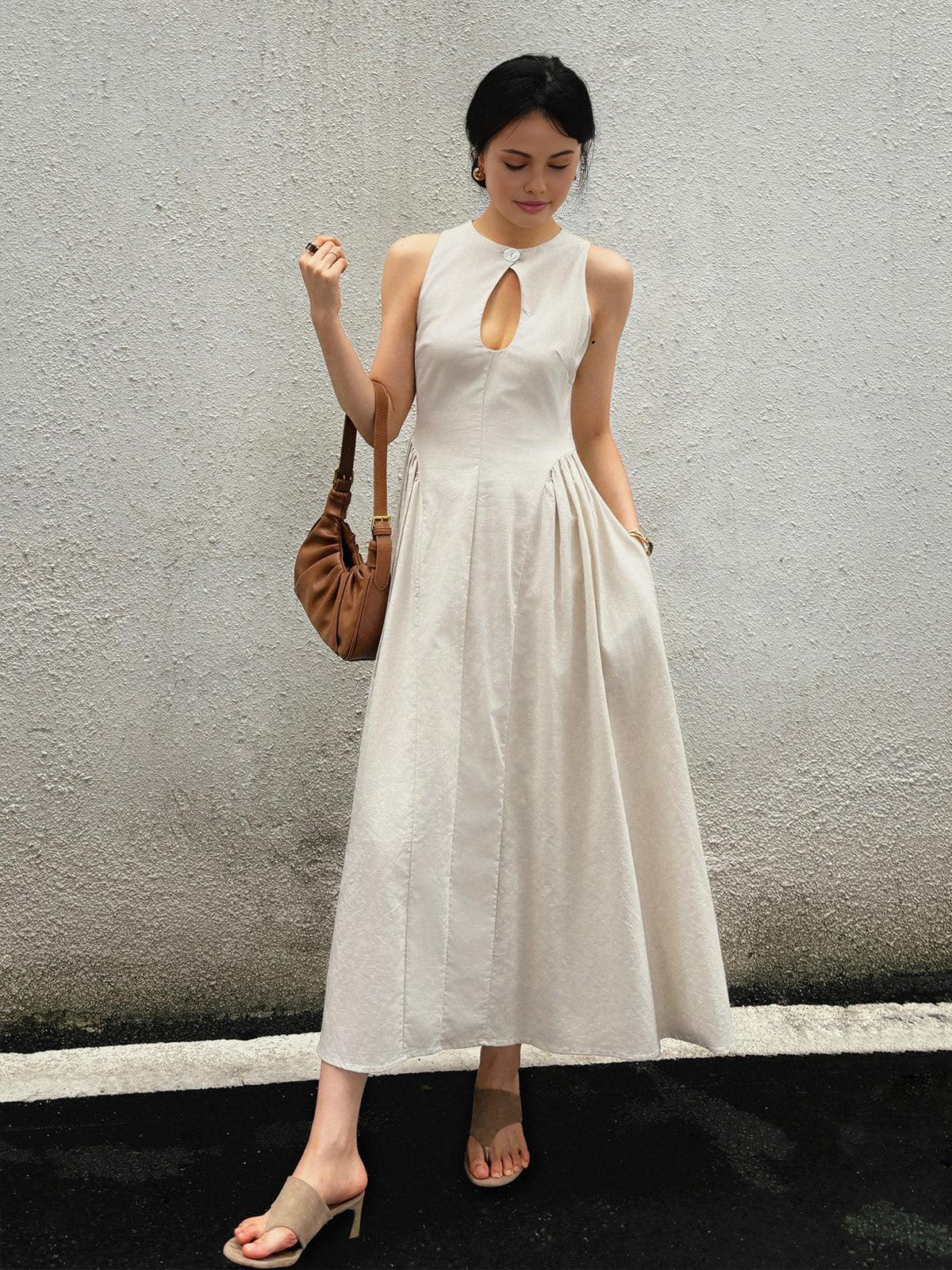 ClaraGrace Cotton-Linen Maxi Dress with Elegant Cut-Out Detailing