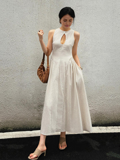 ClaraGrace Cotton-Linen Maxi Dress with Elegant Cut-Out Detailing