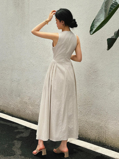 ClaraGrace Cotton-Linen Maxi Dress with Elegant Cut-Out Detailing