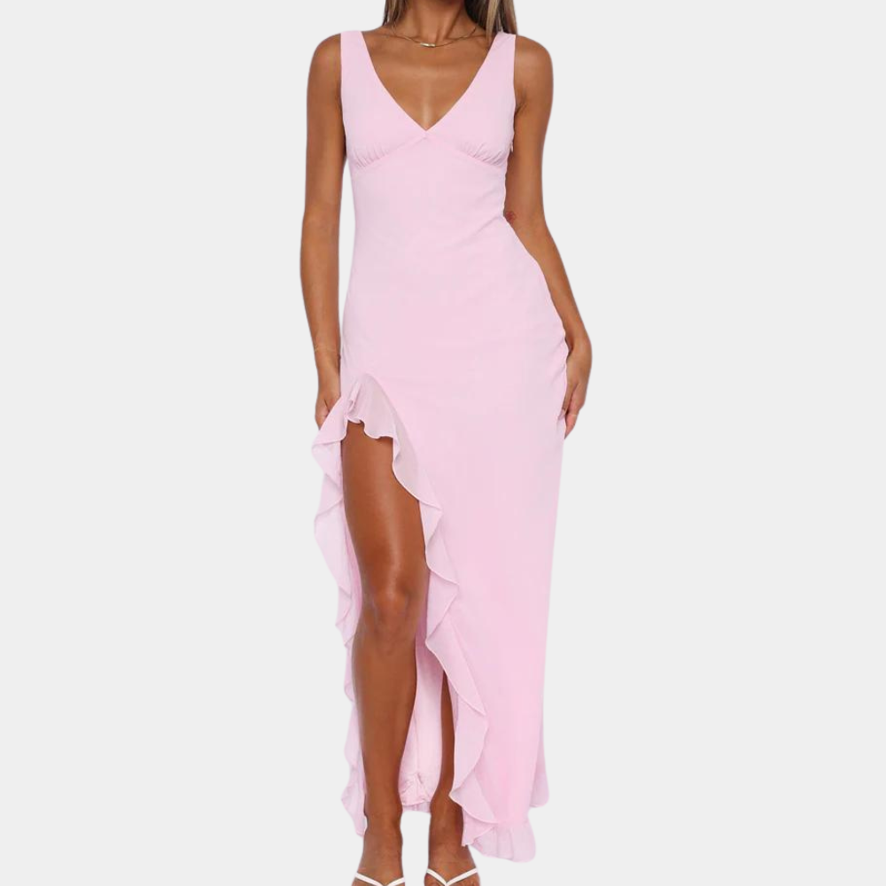 BelleFemme Elegant Sleeveless V-Neck Dress with High-Low Hem