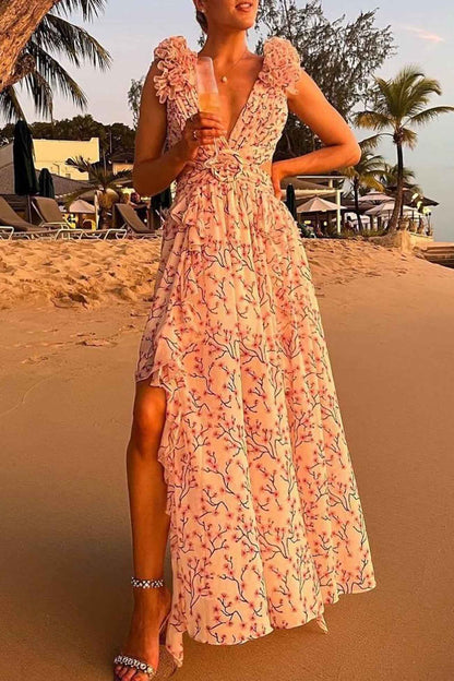 BellaPetal Exquisite Floral V-Neck Backless Maxi Dress with Slit
