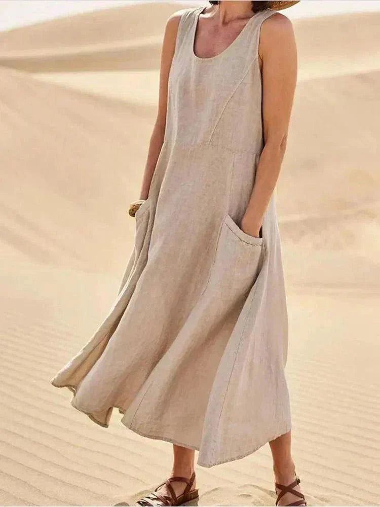 BellaChic Women's Linen Maxi Dress with Handy Pockets