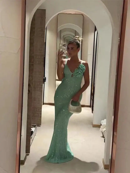 Selena Glamorous Floor-Length Sequin Dress with Spaghetti Straps