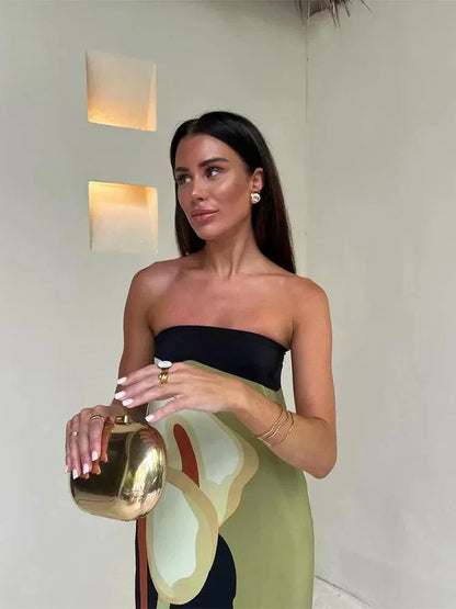 EcoChic Avocado Print Strapless Maxi Dress – Perfect Off-Shoulder Summer Attire for Women