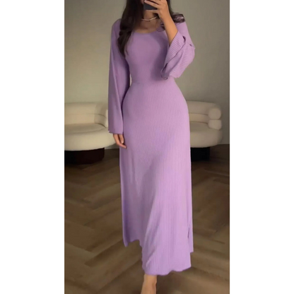 Sophia Luxe Ribbed Knit Maxi Dress – Elegant Long-Sleeve Design for Timeless Style