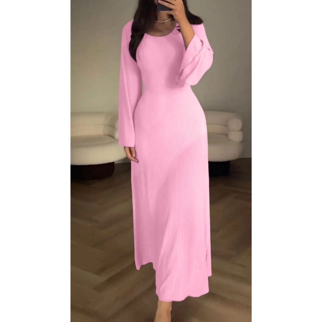 Sophia Luxe Ribbed Knit Maxi Dress – Elegant Long-Sleeve Design for Timeless Style
