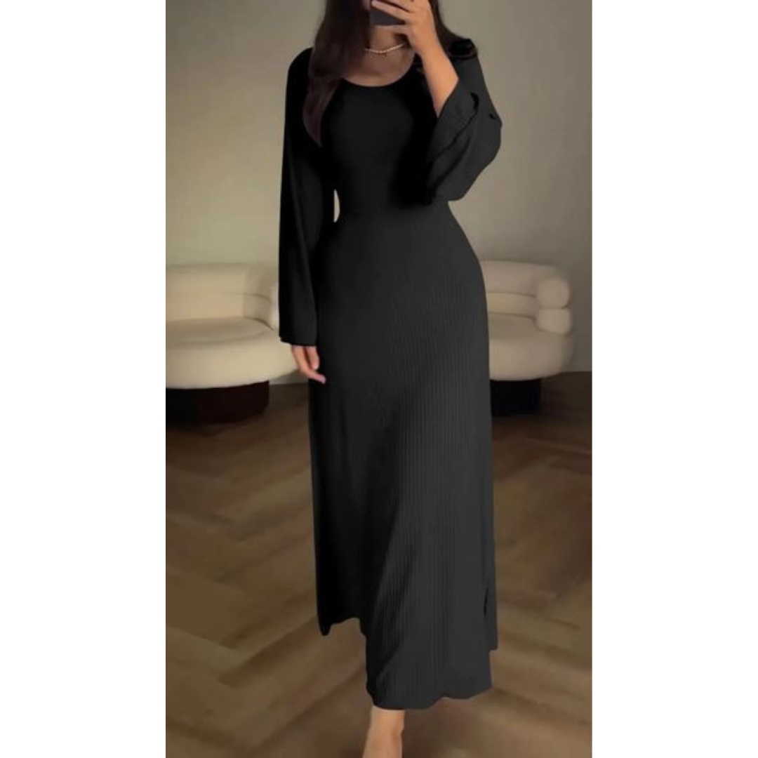 Sophia Luxe Ribbed Knit Maxi Dress – Elegant Long-Sleeve Design for Timeless Style