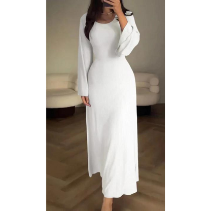 Sophia Luxe Ribbed Knit Maxi Dress – Elegant Long-Sleeve Design for Timeless Style