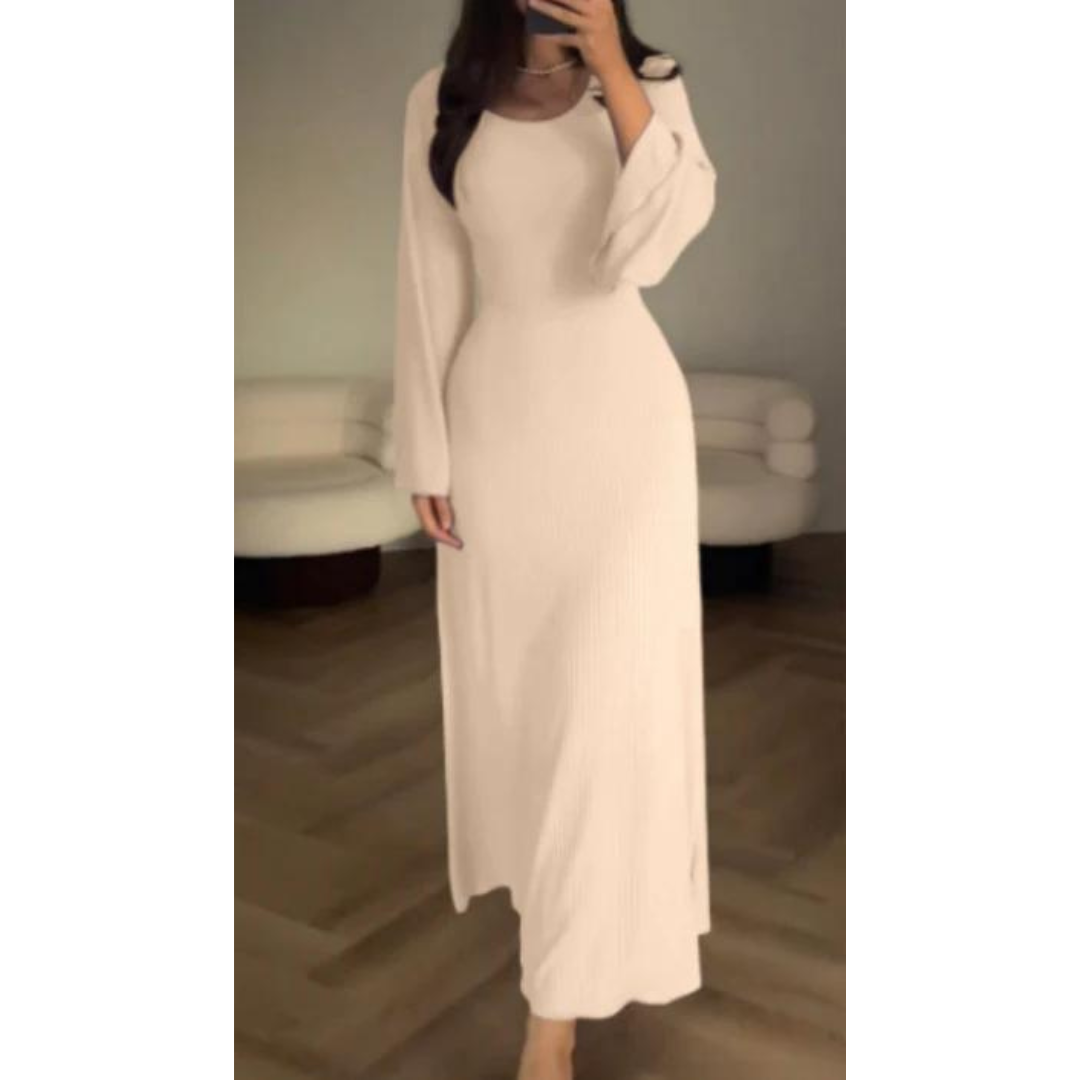 Sophia Luxe Ribbed Knit Maxi Dress – Elegant Long-Sleeve Design for Timeless Style