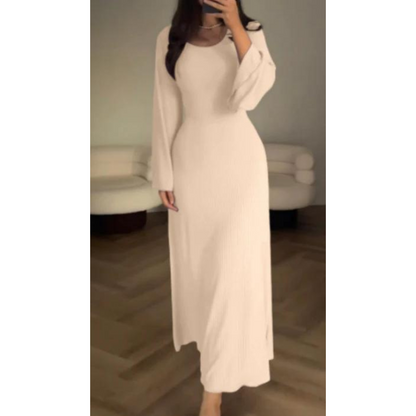 Sophia Luxe Ribbed Knit Maxi Dress – Elegant Long-Sleeve Design for Timeless Style