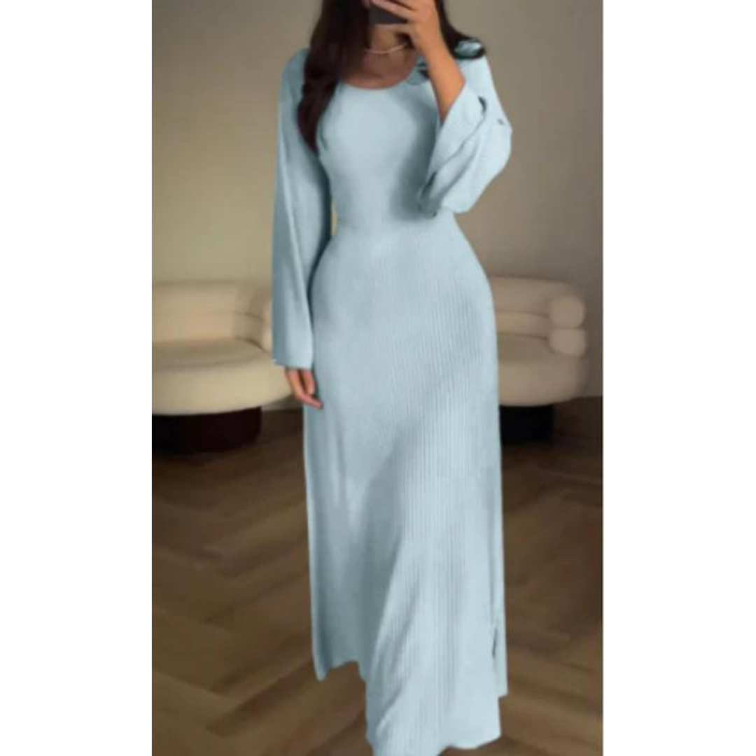 Sophia Luxe Ribbed Knit Maxi Dress – Elegant Long-Sleeve Design for Timeless Style