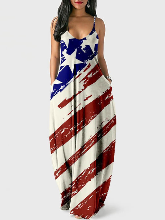 HeritageElegance Vintage Flag Print Maxi Dress – Effortless Style for Women