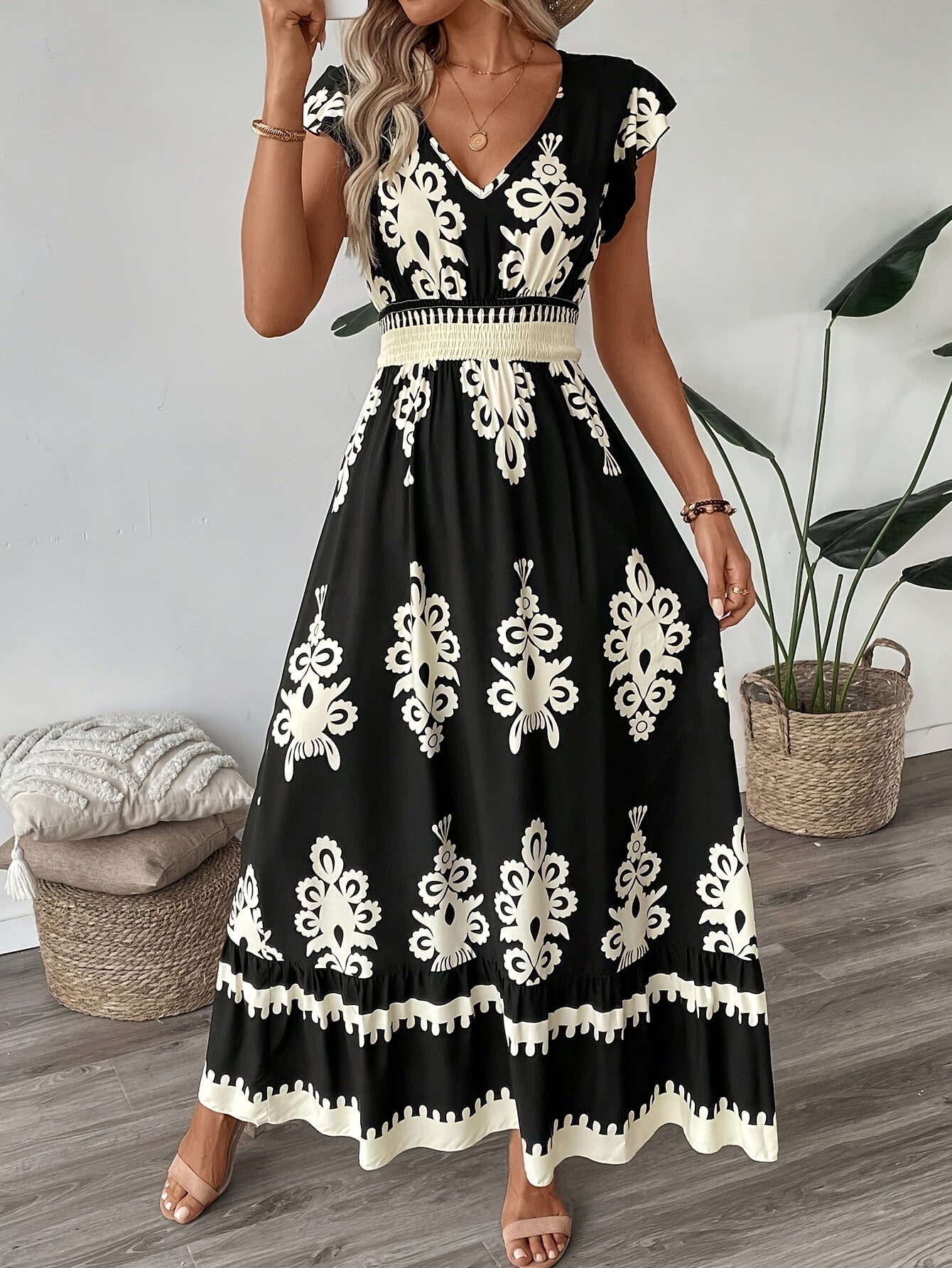 AriaChic Ethnic Print V-Neck Maxi Dress with Cap Sleeves for Women