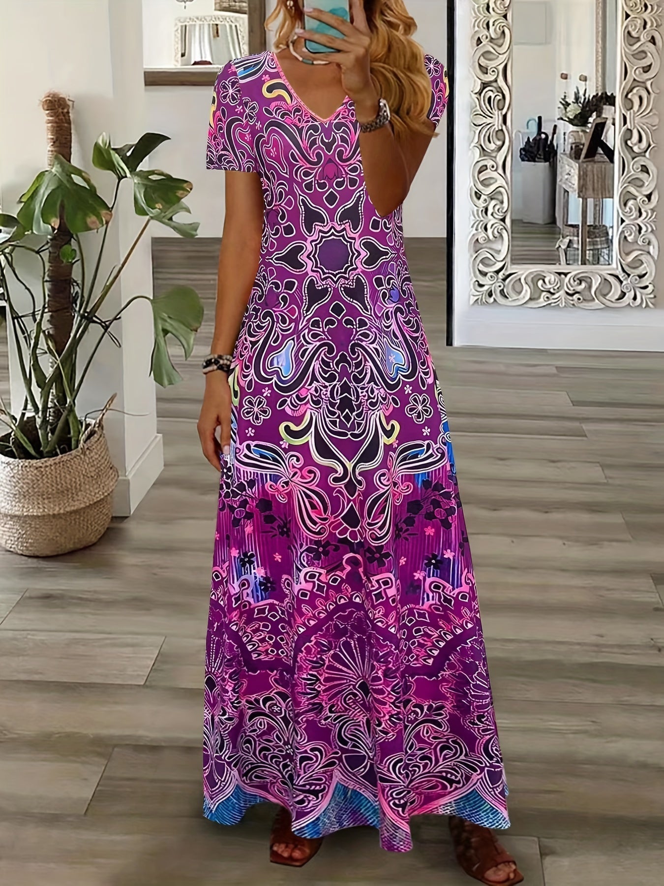 LaraGrace Bohemian Ethnic Maxi Dress for Women – V-Neck with Short Sleeves