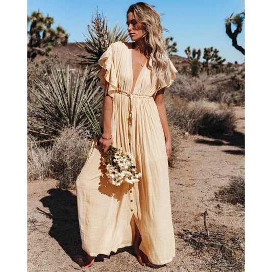 EllaBella Cream Maxi Dress with Romantic Ruffle Accents