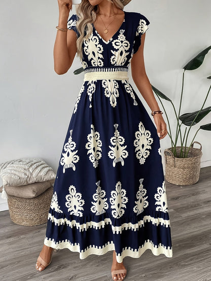 AriaChic Ethnic Print V-Neck Maxi Dress with Cap Sleeves for Women