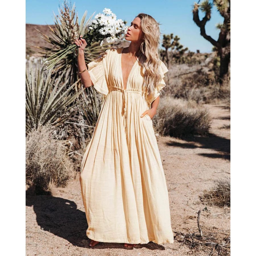 EllaBella Cream Maxi Dress with Romantic Ruffle Accents